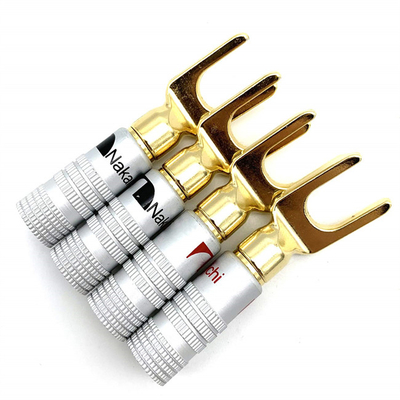 Male Brass U Shaped Spade Connector , Gold Plated Y Spade Speaker Plugs