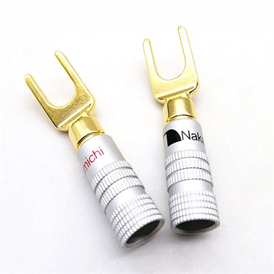Male Brass U Shaped Spade Connector , Gold Plated Y Spade Speaker Plugs
